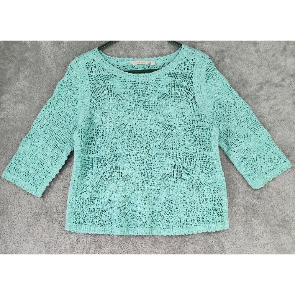Soft Surroundings Sweater Womens Small‎ Blue Laticia Crotchet 3/4 Sleeve Top